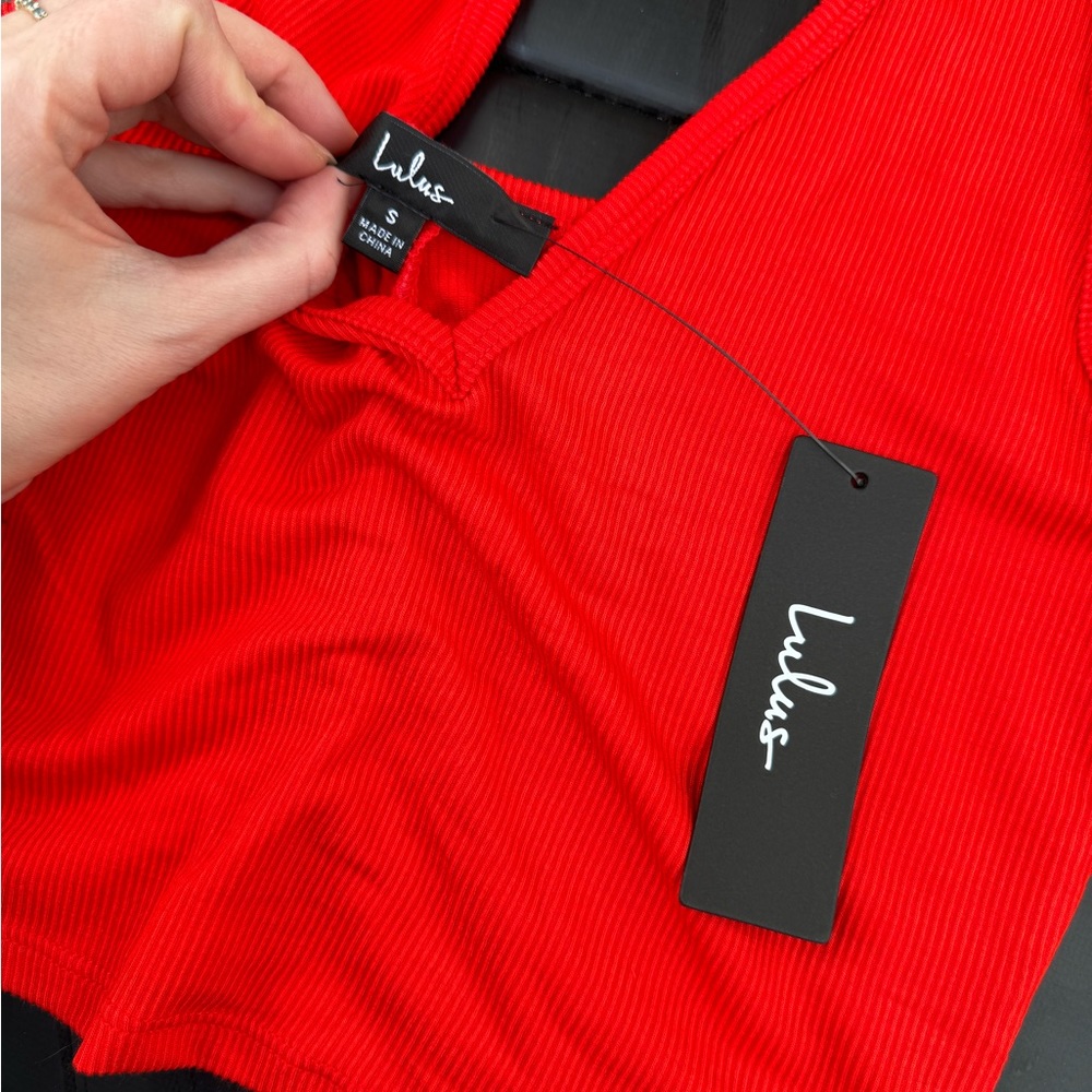 NWT LULUS Easygoing Excellence Red Ribbed Knit Ruched Tank Top coral small S - Picture 14 of 16